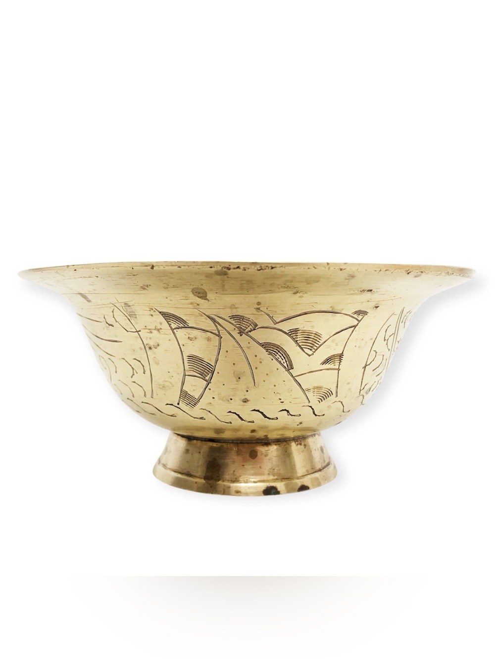 Vintage Brass Pedestal Bowl Hand Etched Bird & Sailboat Pattern